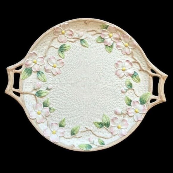 Fitz & Floyd Platter Bluebirds Pattern 14" Round Tray Dogwood Blossoms 1990 - Picture 1 of 11